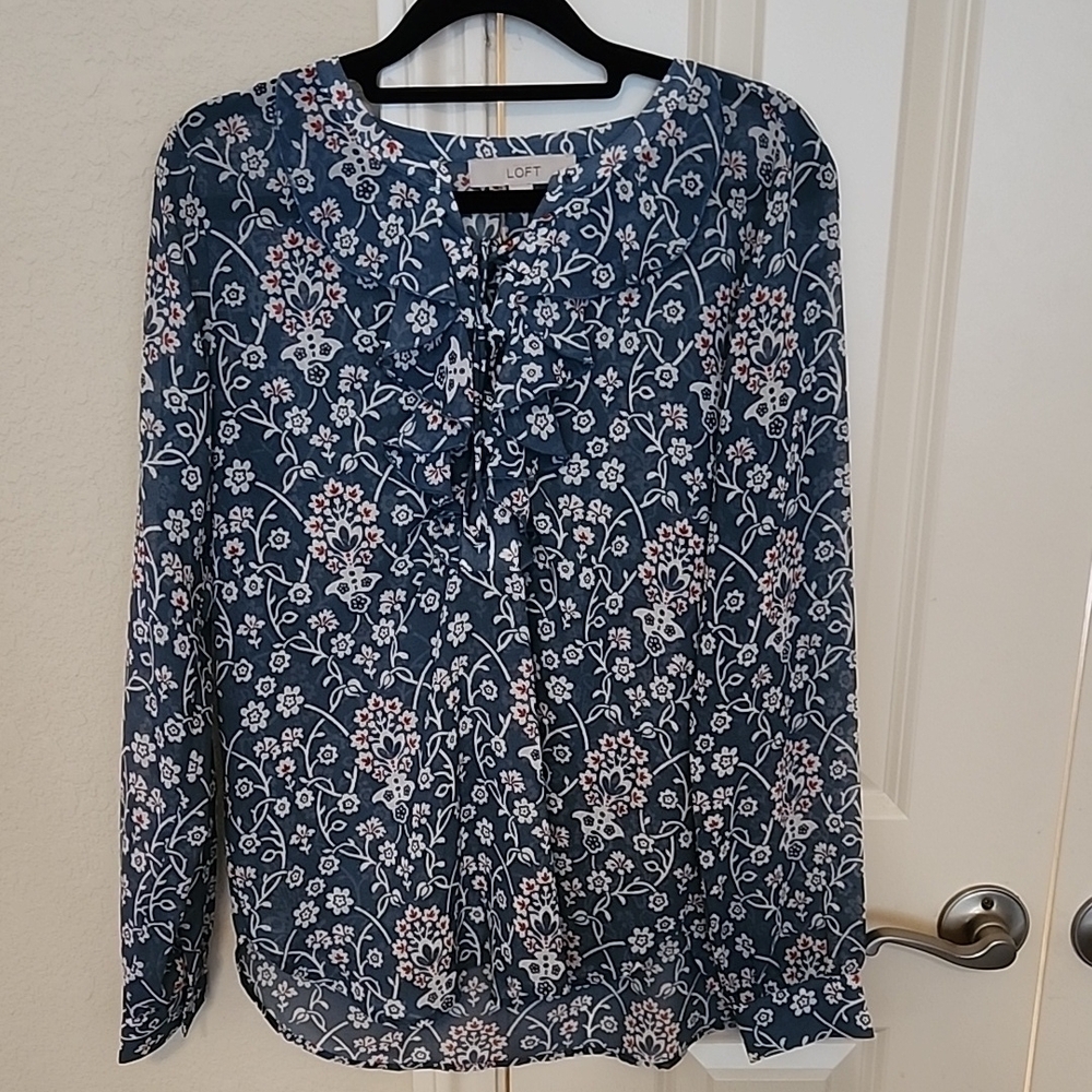 Navy Blue Floral Print Long Sleeve Blouse by LOFT